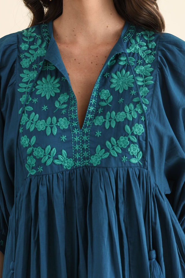 Lazlo Blue Cotton Embroidered Dress,brunette model,Close up of outfit,alt text|model:MJ image 5