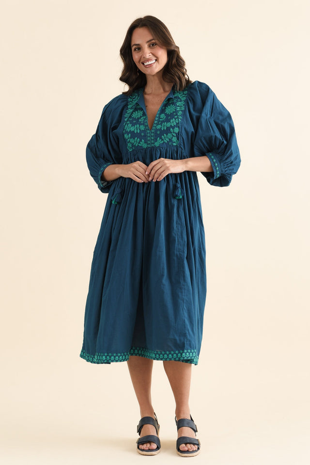 Lazlo Blue Cotton Embroidered Dress,brunette model,Full Outfit,alt text|model:MJ image 6