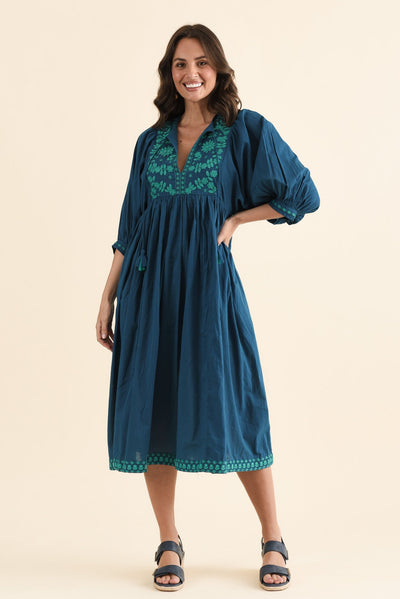 Lazlo Blue Cotton Embroidered Dress