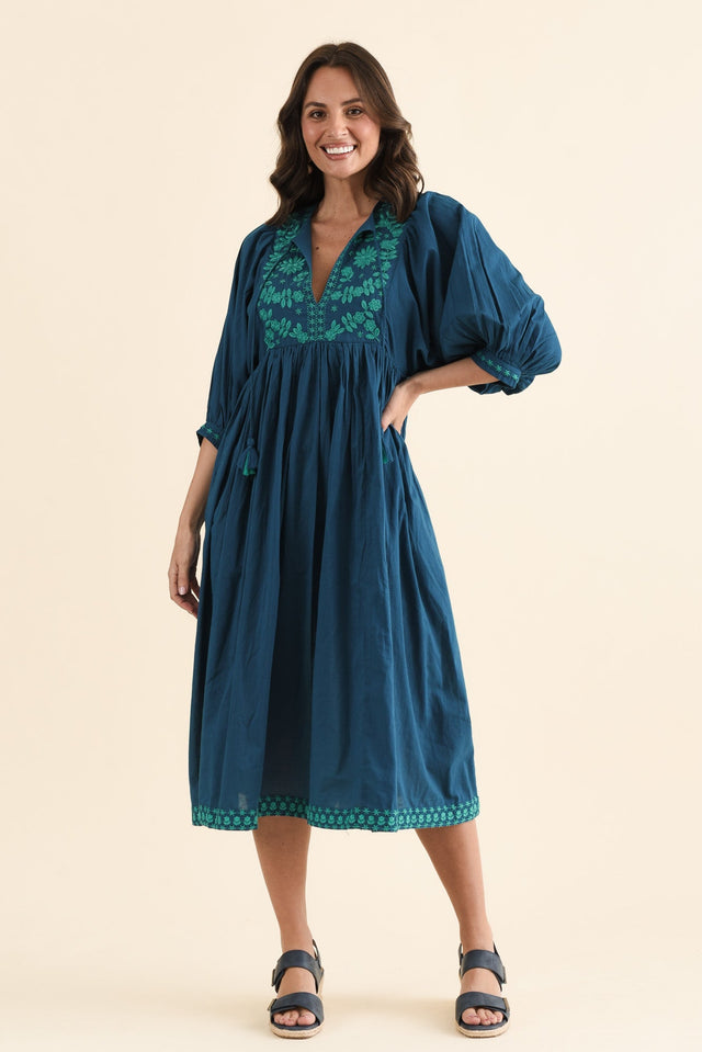 Lazlo Blue Cotton Embroidered Dress,brunette model,Front of Outfit,alt text|model:MJ