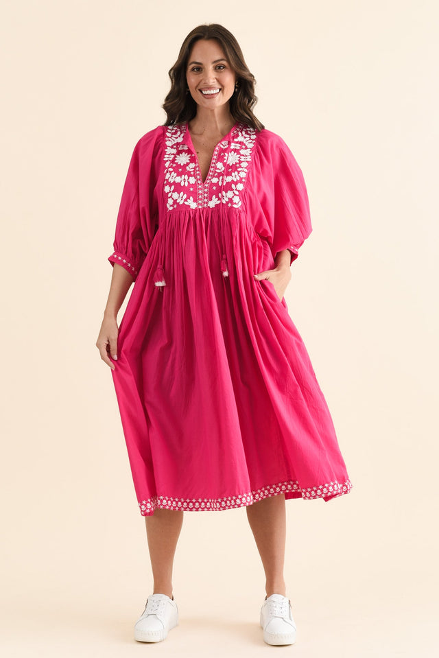 Lazlo Hot Pink Cotton Embroidered Dress,brunette model,Front of Outfit,alt text|model:MJ image 1