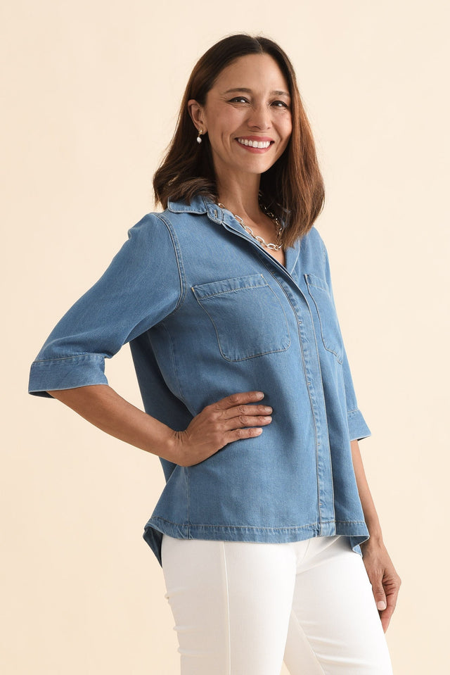 Leeds Blue Denim Pocket Shirt,Side,Brunette model,alt text|model:Cara image 3