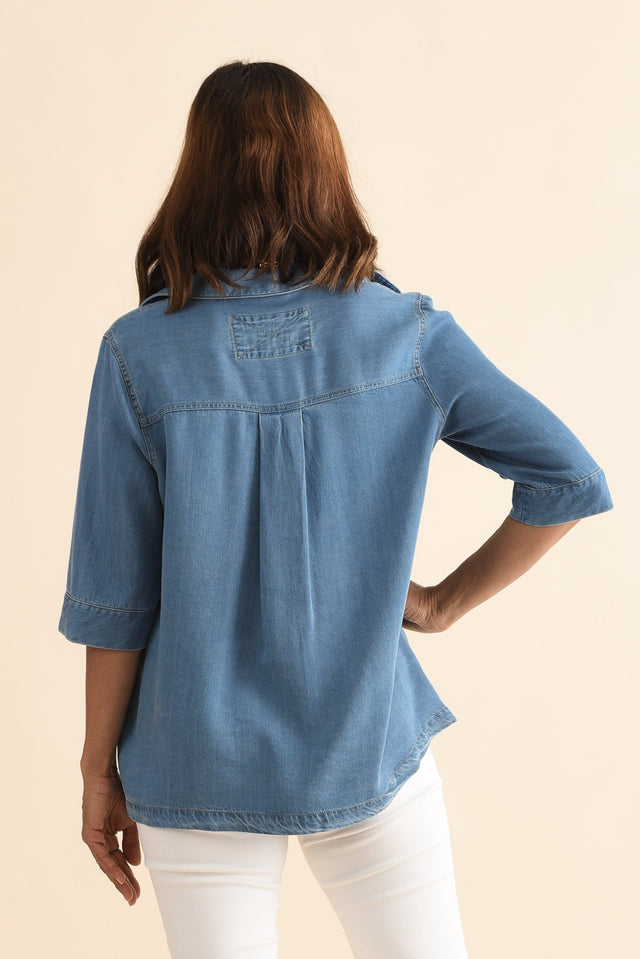 Leeds Blue Denim Pocket Shirt,Back,Brunette model,alt text|model:Cara image 4