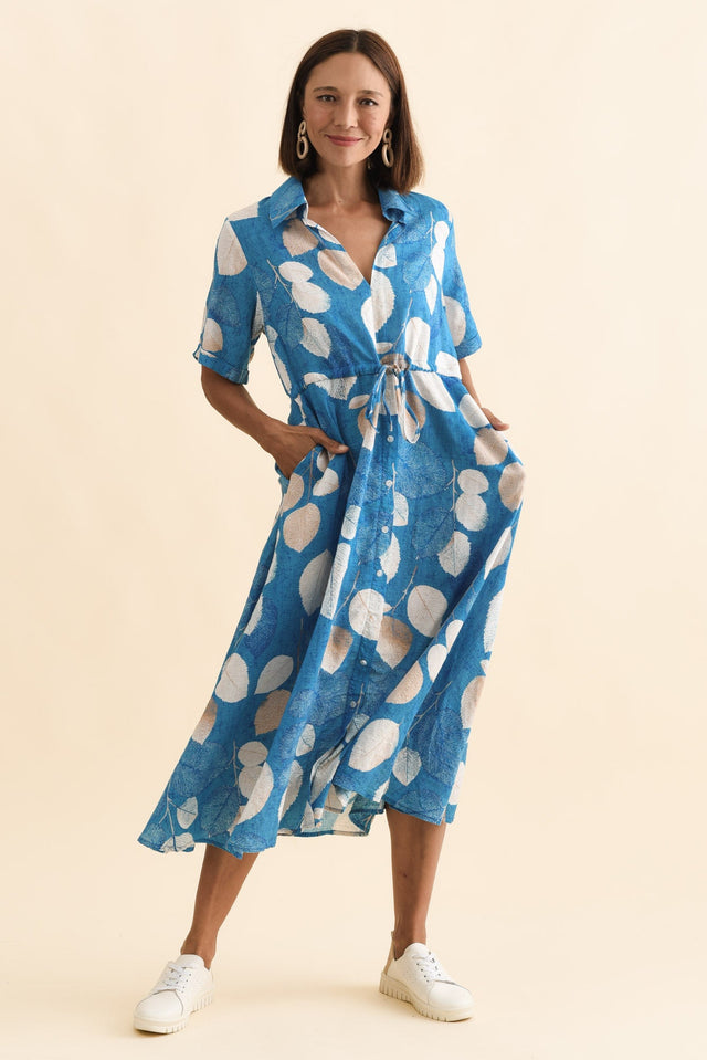 Leigh Blue Leaf Tie Dress,Brunette model,alt text|model:Cara image 7