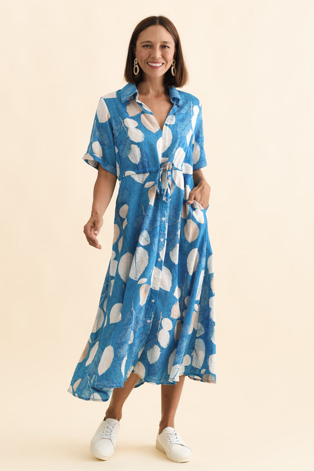 Leigh Blue Leaf Tie Dress,Brunette model,alt text|model:Cara image 3