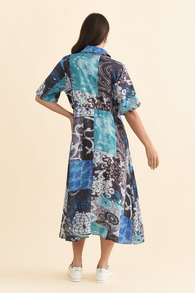 Leigh Blue Patchwork Tie Dress,Brunette model,alt text|model:MJ image 5