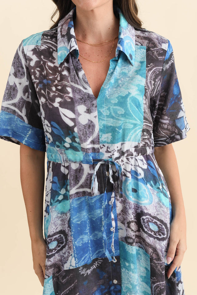 Leigh Blue Patchwork Tie Dress,Brunette model,alt text|model:MJ image 6