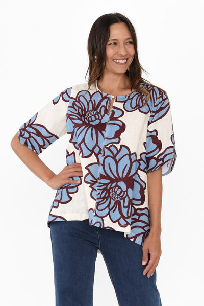 Leith Blue Bloom Linen Top