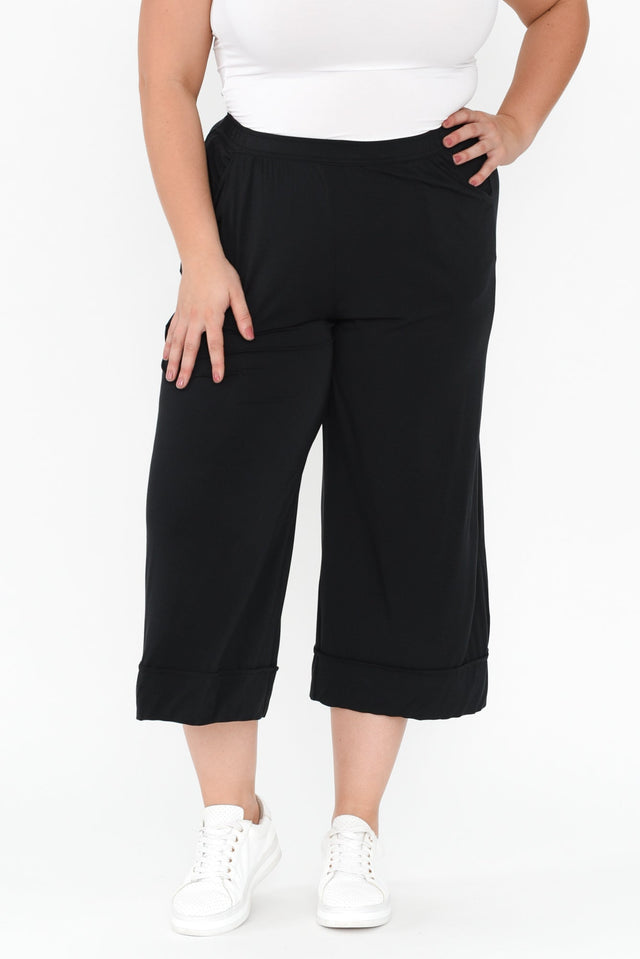 Lena Black Micro Modal Resort Pants,Brunette model,plus-size,curve-basics,curve-bottoms,plus-size-Pants,plus-size-basic-bottoms,plus-size-work-edit,alt text|model:Gabby