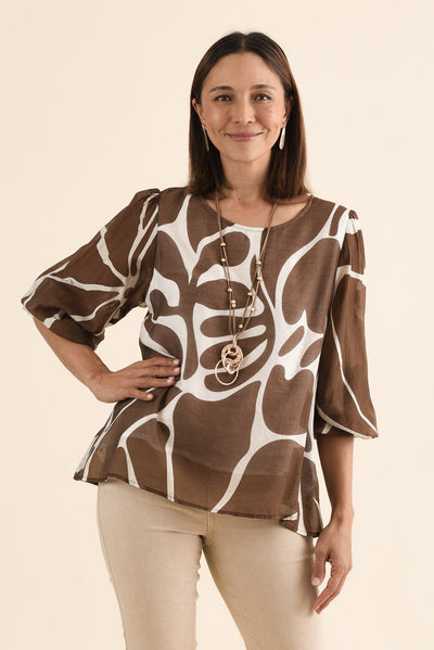 Lenah Mocha Abstract Sleeved Top