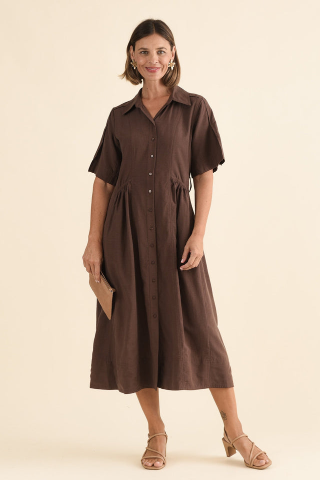 Leo Chocolate Shirt Dress,Front,Brunette model,alt text|model:Laura