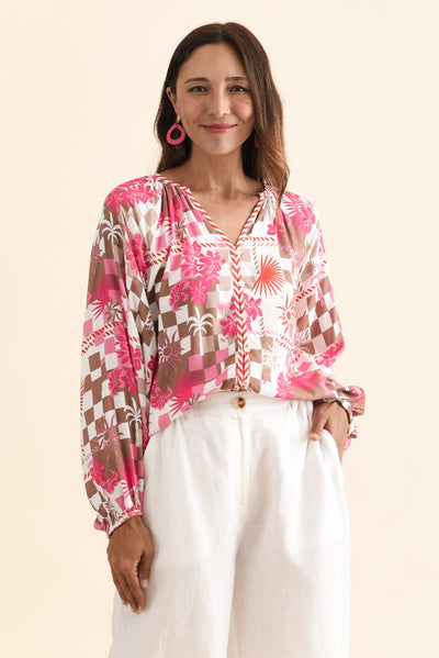 Leonora Red Tropical Button Blouse