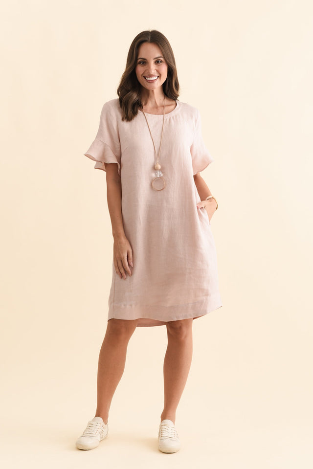 Lesley Blush Linen Flutter Sleeve Dress,Brunette model,alt text|model:MJ image 3