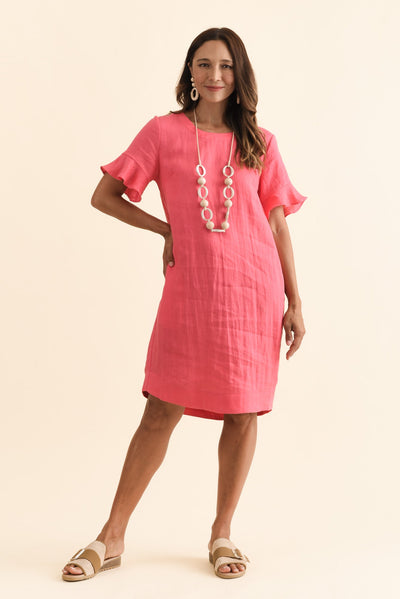 Lesley Melon Linen Flutter Sleeve Dress