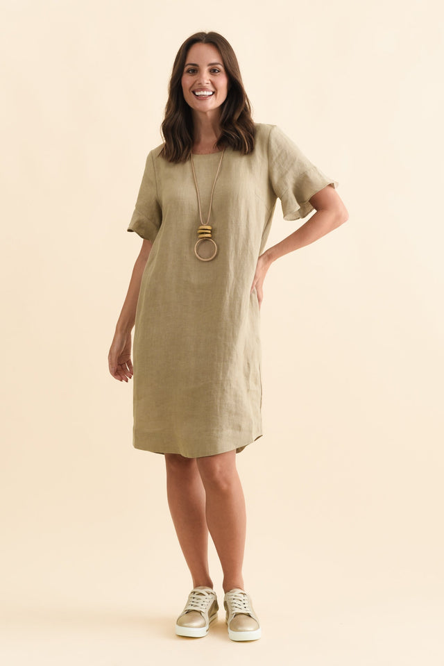 Lesley Taupe Linen Flutter Sleeve Dress,Brunette model,alt text|model:MJ image 4