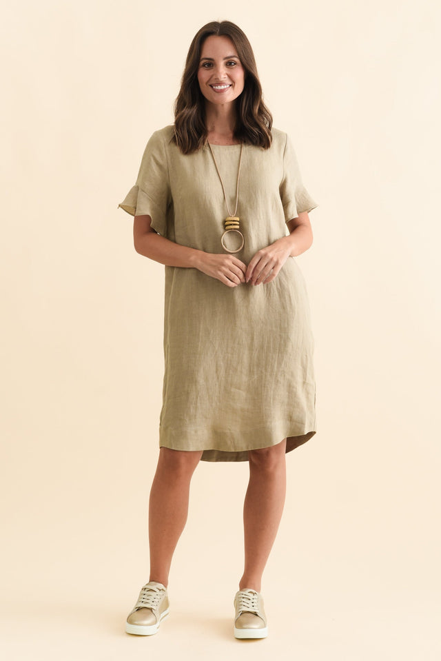 Lesley Taupe Linen Flutter Sleeve Dress,Brunette model,alt text|model:MJ image 7