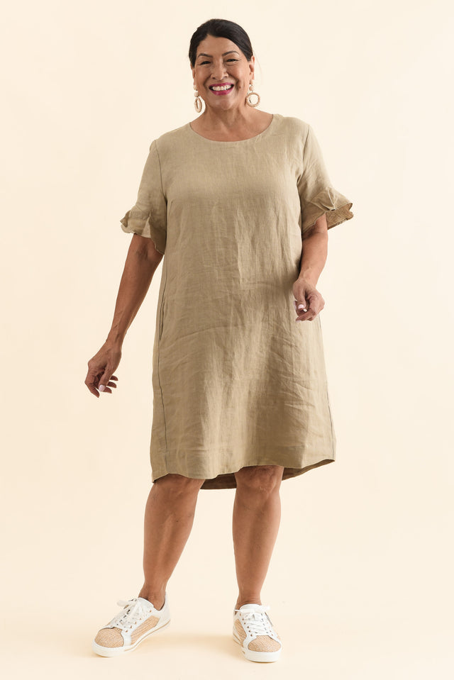 Lesley Taupe Linen Flutter Sleeve Dress,Front,Brunette model,alt text|model:Pilita image 10