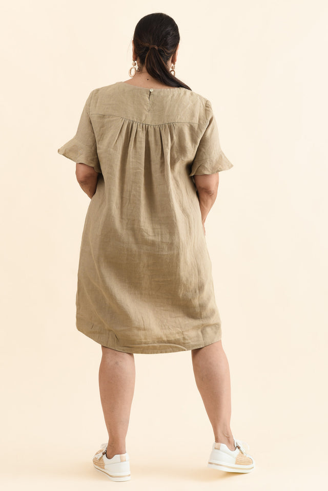 Lesley Taupe Linen Flutter Sleeve Dress,Back,Brunette model,alt text|model:Pilita image 12