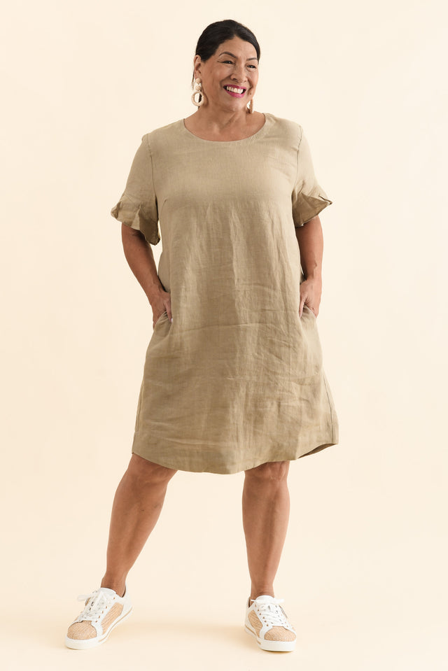 Lesley Taupe Linen Flutter Sleeve Dress,Front,Brunette model,alt text|model:Pilita image 9