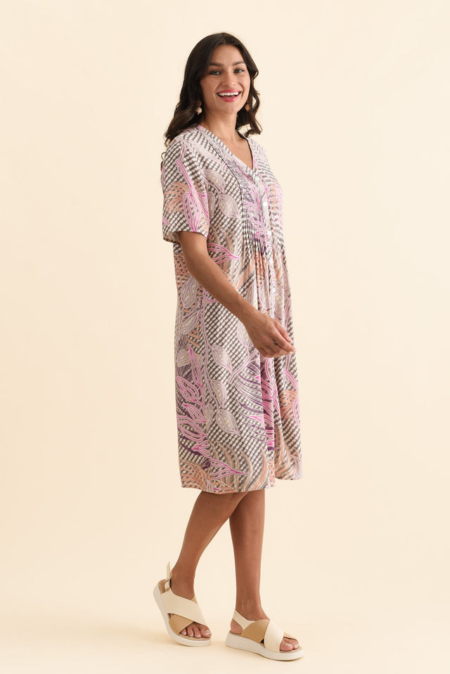 Leticia Pink Leaf Midi Dress,Brunette model,alt text|model:Brontie image 4