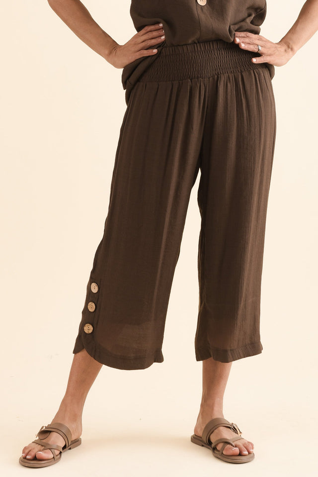 Lettie Chocolate Button Pants,Front,Brunette model,alt text|model:Cara image 2