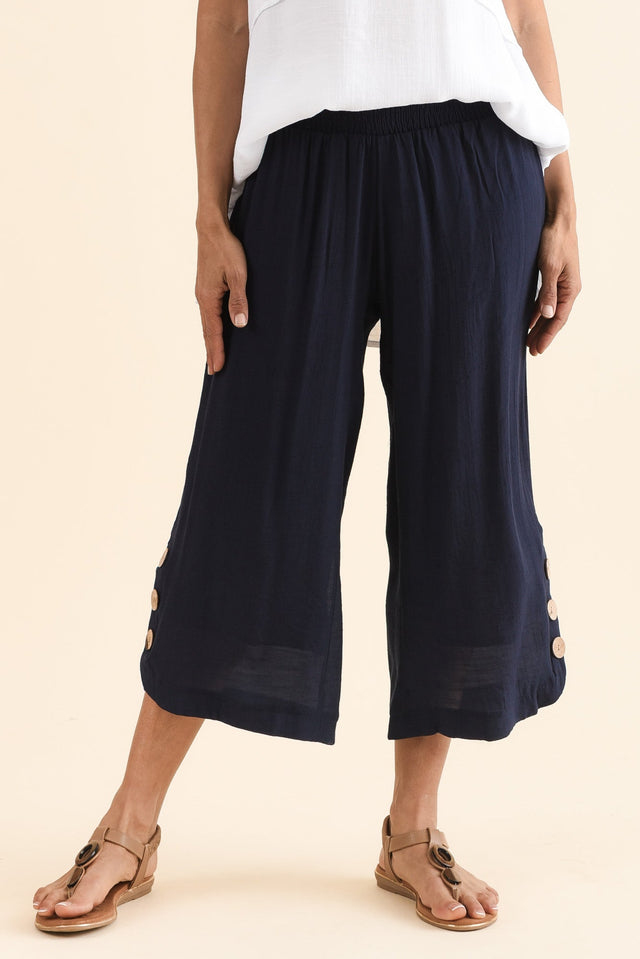 Lettie Navy Button Pants,Front,Brunette model,alt text|model:Cara