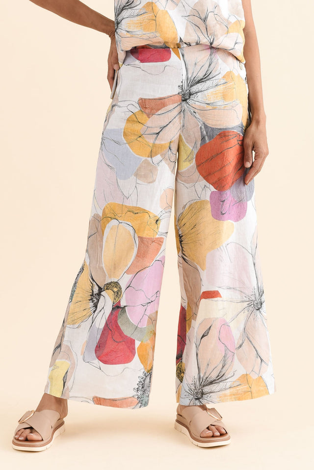 Lexton Yellow Floral Linen Pants,Front,Brunette model,alt text|model:Cara image 1