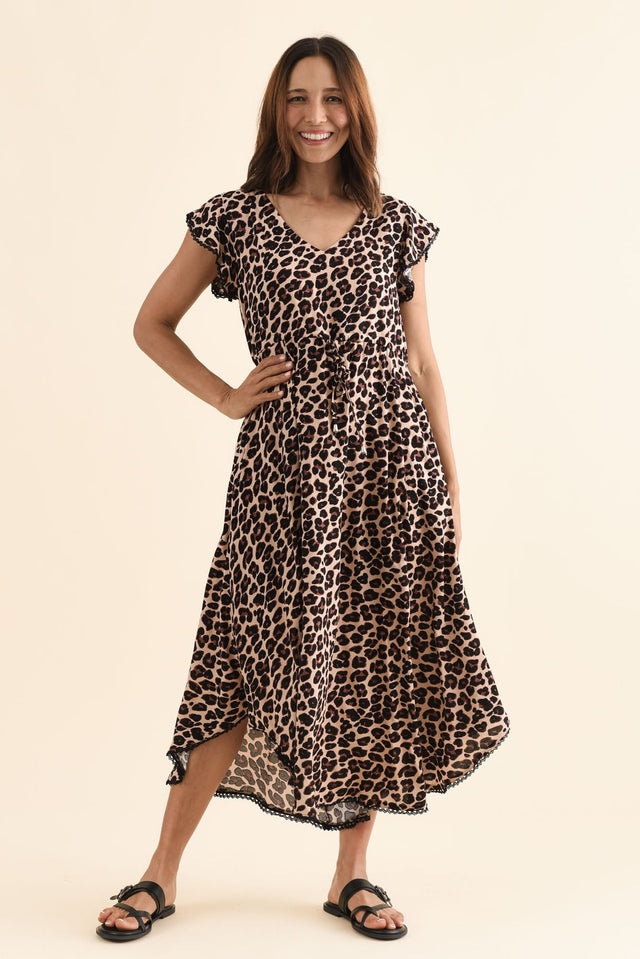 Libby Brown Leopard Midi Dress,Front,Brunette model,alt text|model:Cara image 1