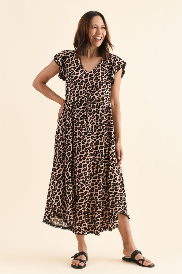 Libby Brown Leopard Midi Dress,Full Body,Brunette model,alt text|model:Cara image 3