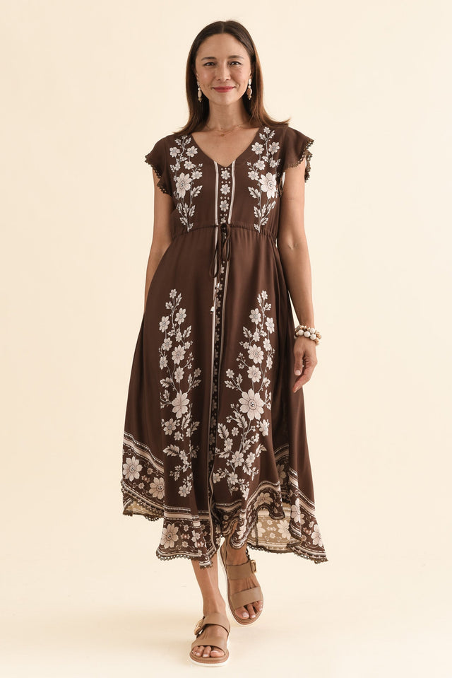 Libby Chocolate Flower Midi Dress,Front,Brunette model,alt text|model:Cara