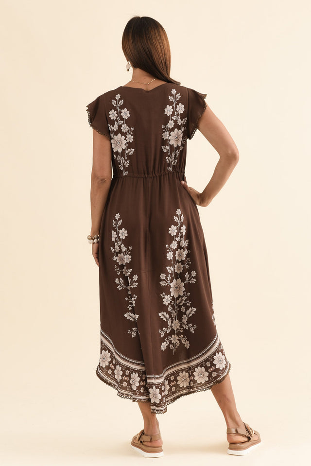 Libby Chocolate Flower Midi Dress,Back,Brunette model,alt text|model:Cara image 4