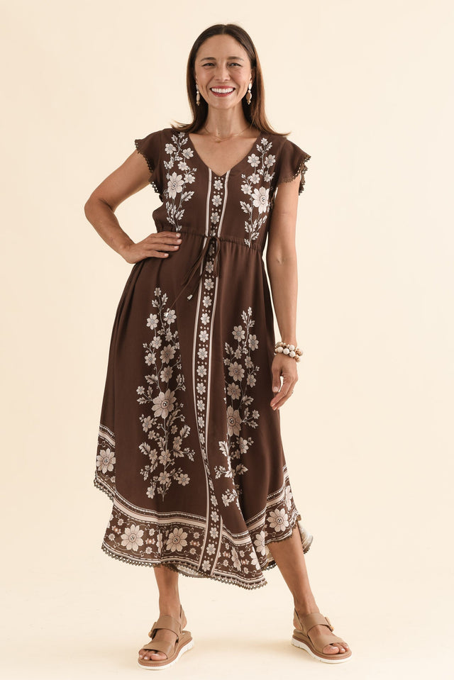 Libby Chocolate Flower Midi Dress,Full Body,Brunette model,alt text|model:Cara