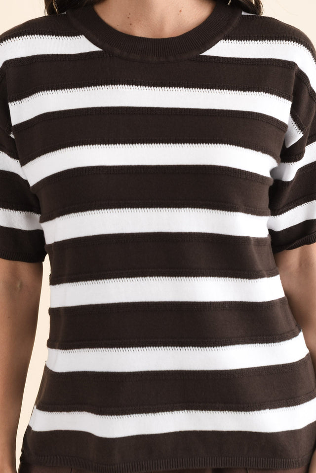 Libby Chocolate Stripe Cotton Top,Detail,Brunette model,alt text|model:MJ image 5
