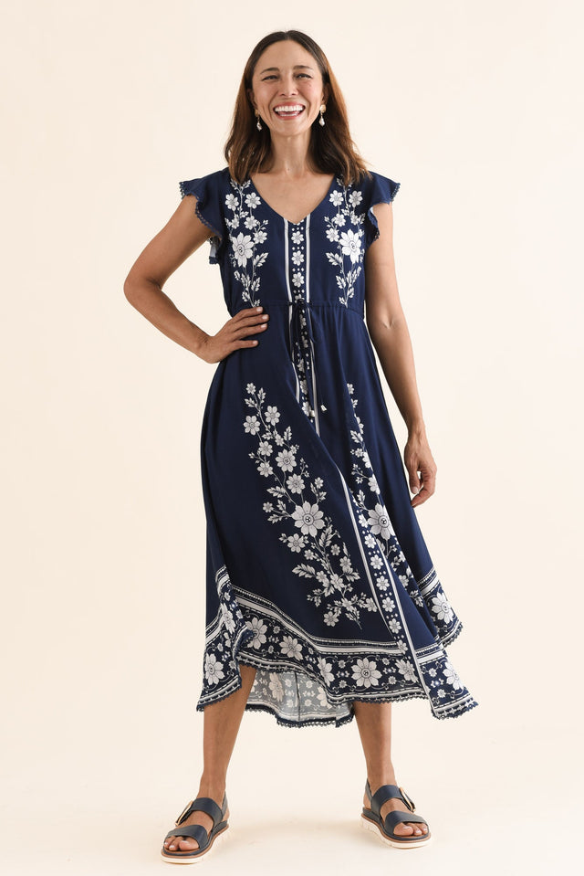 Libby Navy Bloom Midi Dress,Full Body,Brunette model,alt text|model:Cara image 2