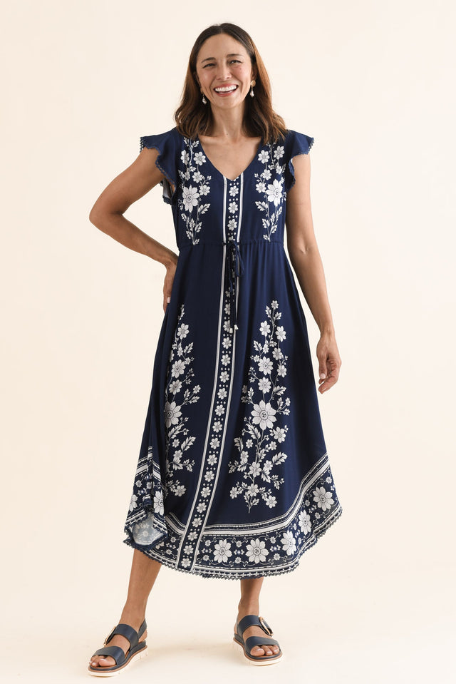 Libby Navy Bloom Midi Dress,Full Body,Brunette model,alt text|model:Cara image 6