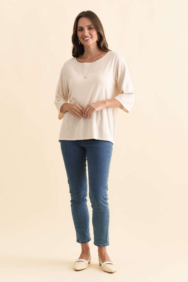 Liberty Beige Cotton Knit 3/4 Sleeve Top,Brunette model,alt text|model:MJ image 3