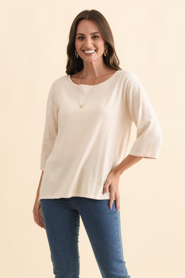 Liberty Beige Cotton Knit 3/4 Sleeve Top,Brunette model,alt text|model:MJ