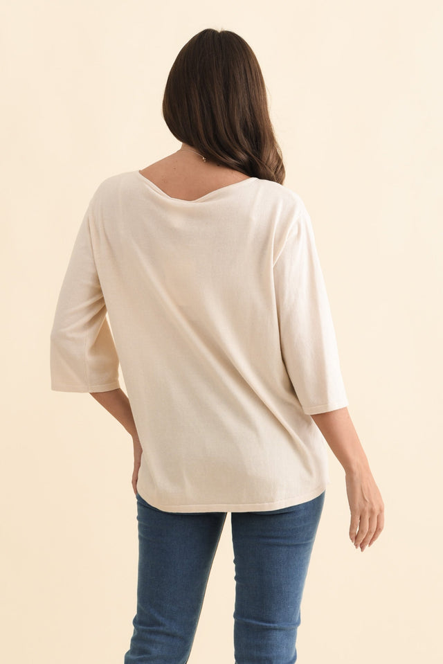 Liberty Beige Cotton Knit 3/4 Sleeve Top,Brunette model,alt text|model:MJ image 5