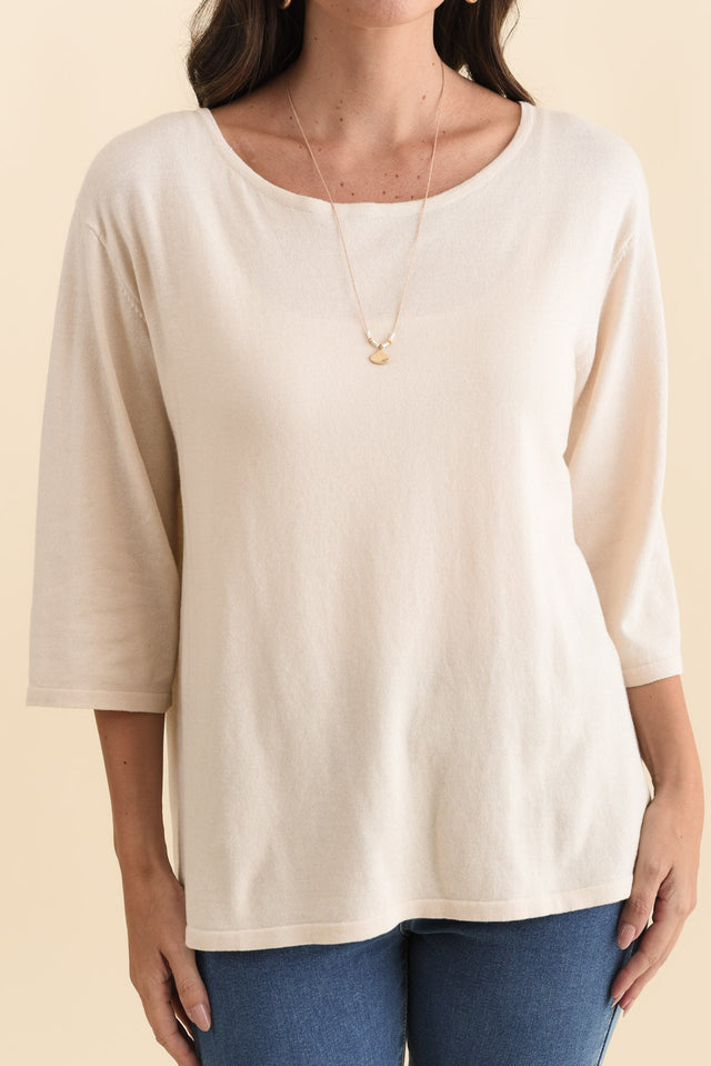 Liberty Beige Cotton Knit 3/4 Sleeve Top,Brunette model,alt text|model:MJ image 6
