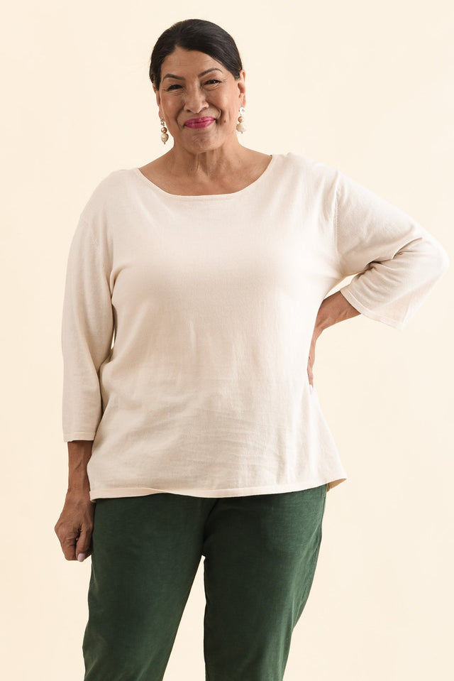 Liberty Beige Cotton Knit 3/4 Sleeve Top,Front,Brunette model,alt text|model:Pilita image 8