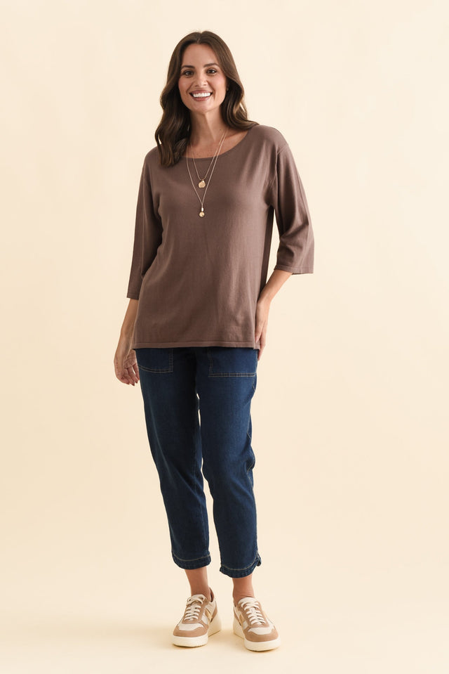 Liberty Chocolate Cotton Knit 3/4 Sleeve Top,Brunette model,alt text|model:MJ
