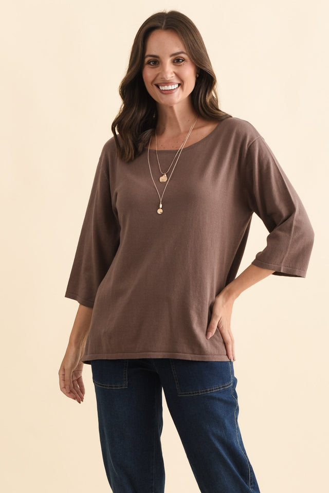 Liberty Chocolate Cotton Knit 3/4 Sleeve Top,Brunette model,alt text|model:MJ