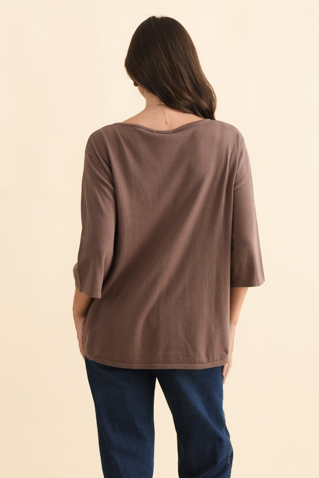Liberty Chocolate Cotton Knit 3/4 Sleeve Top,Brunette model,alt text|model:MJ image 4