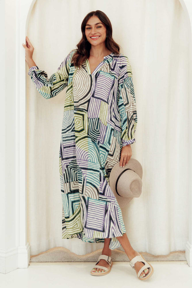 Liliana Green Ripple Cotton Kaftan,Brunette model,Lifestyle image 1