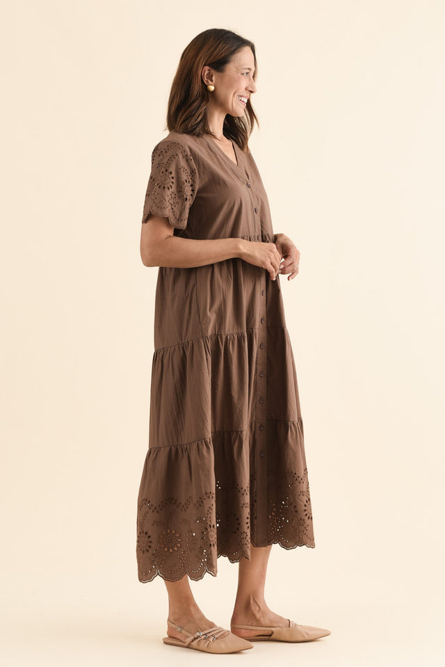 Lilith Chocolate Embroidered Cotton Dress,Side,Brunette model,alt text|model:Cara image 4