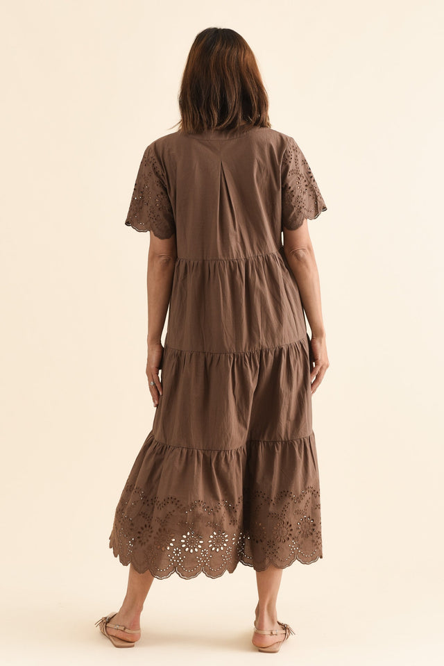 Lilith Chocolate Embroidered Cotton Dress,Back,Brunette model,alt text|model:Cara image 5
