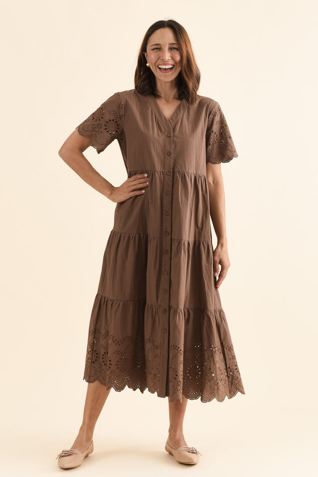 Lilith Chocolate Embroidered Cotton Dress,Front,Brunette model,alt text|model:Cara