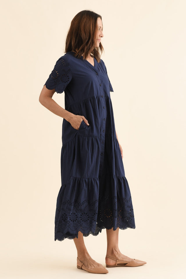 Lilith Navy Embroidered Cotton Dress,Side,Brunette model,alt text|model:Cara image 4