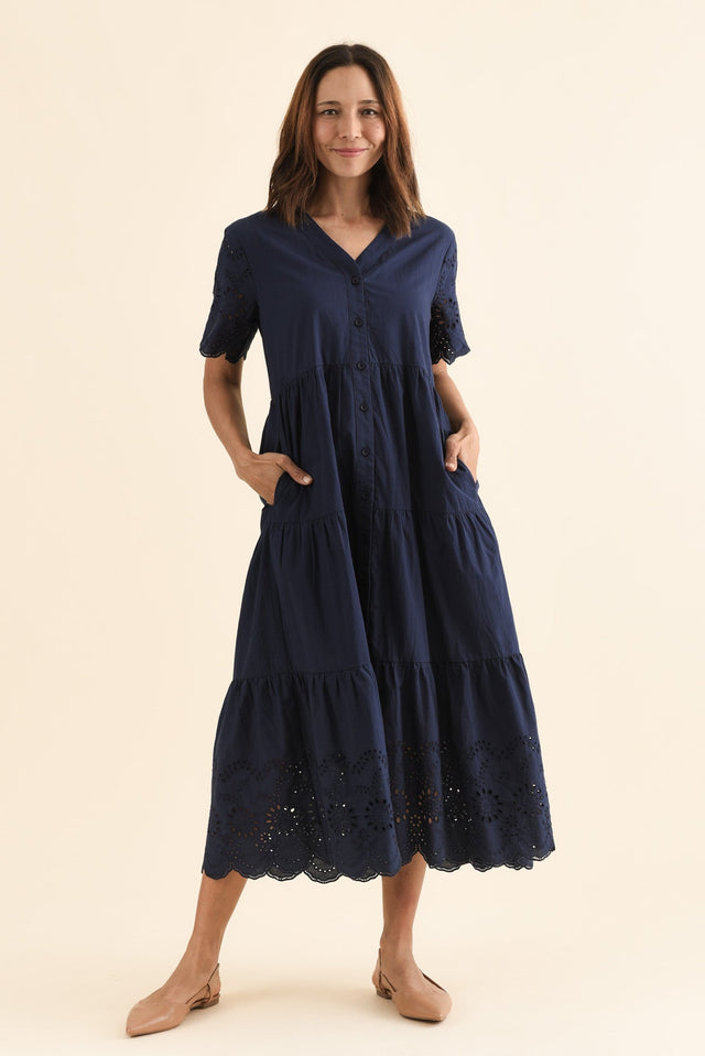 Lilith Navy Embroidered Cotton Dress,Full Body,Brunette model,alt text|model:Cara image 7