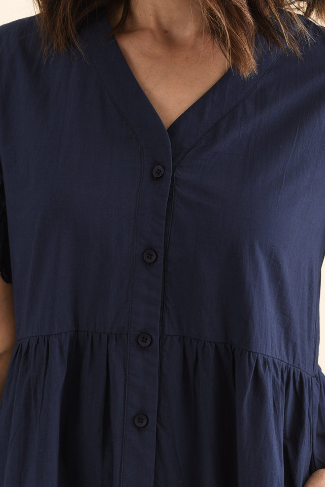 Lilith Navy Embroidered Cotton Dress,Detail,Brunette model,alt text|model:Cara image 6